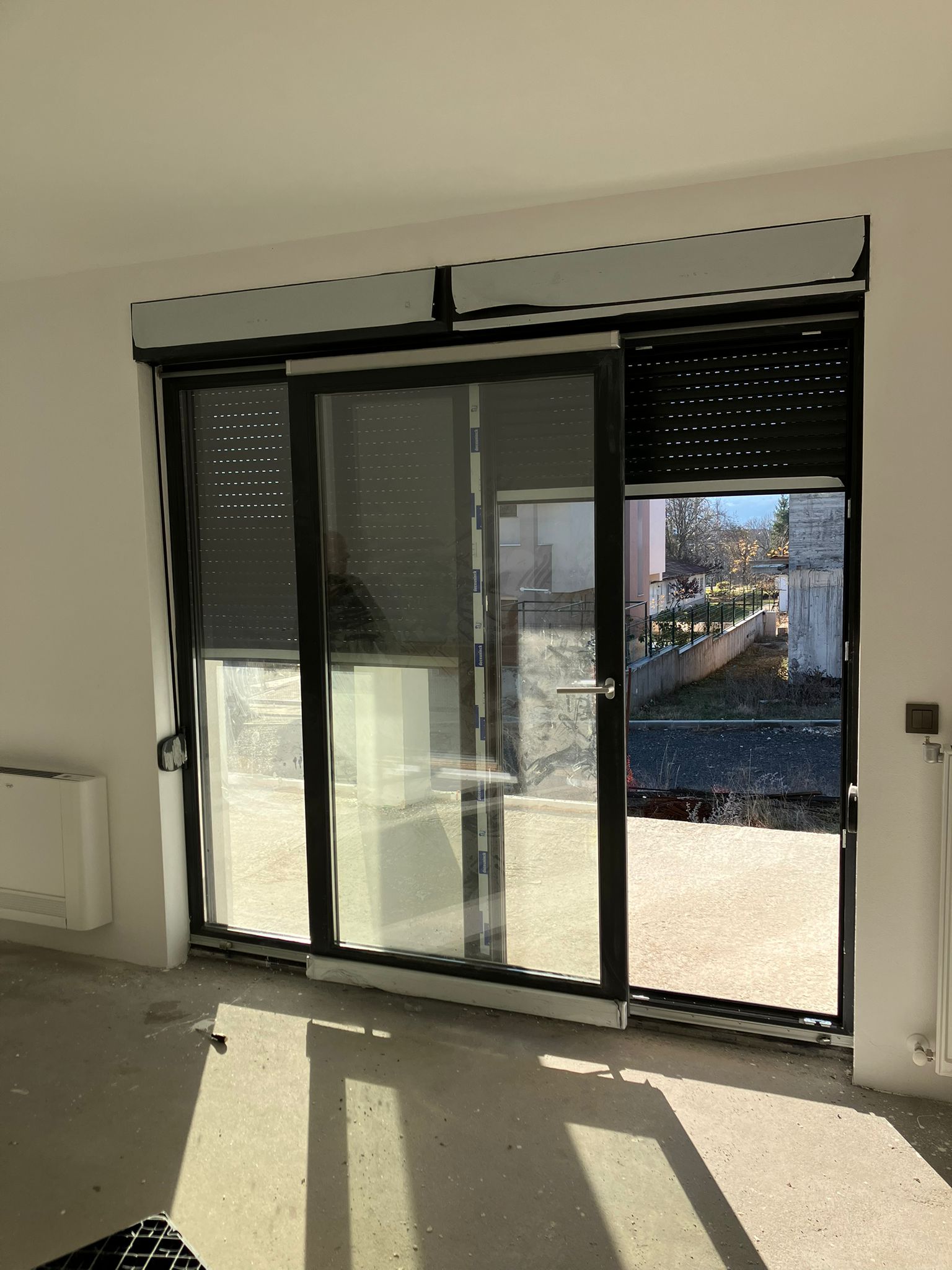 Modern office building with blinds installation